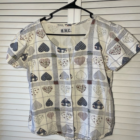 Vintage M.W.C. Patchwork Heart Button Down Short Sleeve Shirt Round Neck Medium - Picture 1 of 8